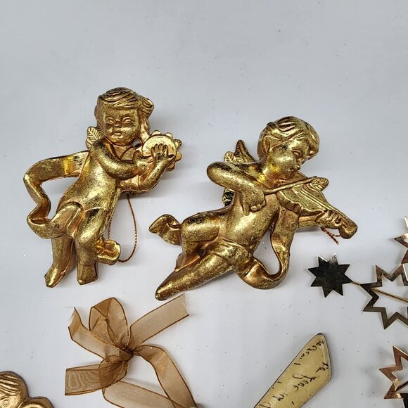 Vintage Christmas Ornament Gold Tone Angels Stars Mirror Gift Boxes Metal Bird - Picture 5 of 6